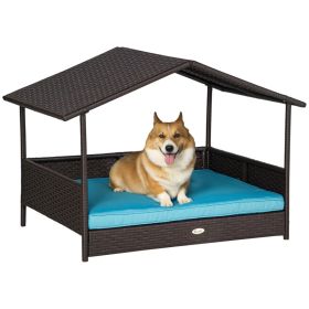 Wicker Dog House Outdoor with Canopy, Rattan Dog Bed with Water-resistant Cushion, Raised Pet Bed for Small, Medium Breeds up to 66 lbs, 20" in L (Option: Blue-830x175x690 mm)
