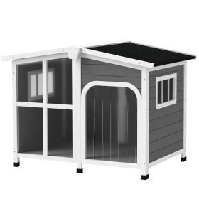 Cabin-Style Wooden Dog House for Large Dogs with Openable Roof & Giant Window, Dark Gray (Option: Dark Gray-910x720x250 mm)